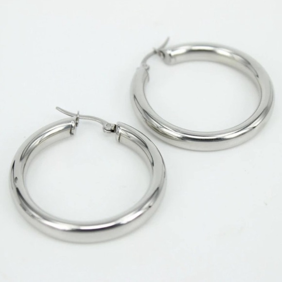 NEW 18K WHITE GOLD ROUND 2” TUBE HOOP EARRINGS - Picture 2 of 6
